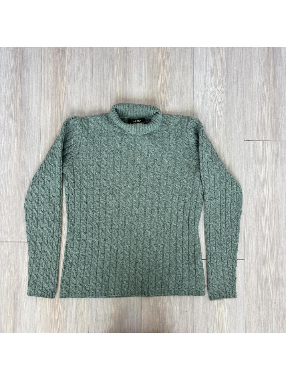 Lauren Ralph Lauren Petite Sage Green Cable Knit Sweater Merino Wool Cashmere
